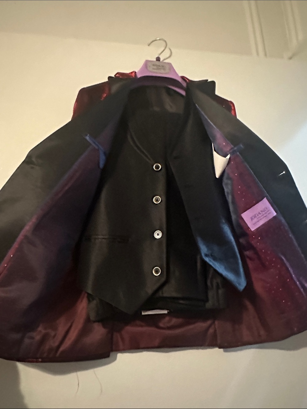 Men's Black Vest & Burgundy Lined Blazer Set